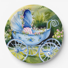 Vintage Blue Baby Carriage in Garden Bloom Pappteller