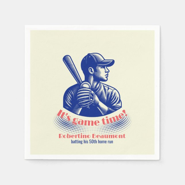 Vintage Blue Baseball Player Men's 50th Birthday Serviette (Vorderseite)