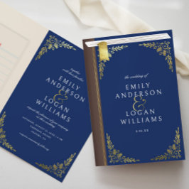 Vintage Blue Book Cover Gold Floral Folded Wedding Einladung