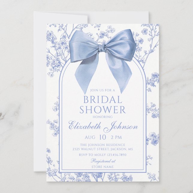 Vintage Blue Bow Floral Bridal Shower Einladung (Vorderseite)