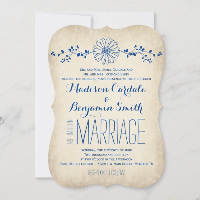 Vintage Blue Daisy Rustic Wedding Invitations (Devant)