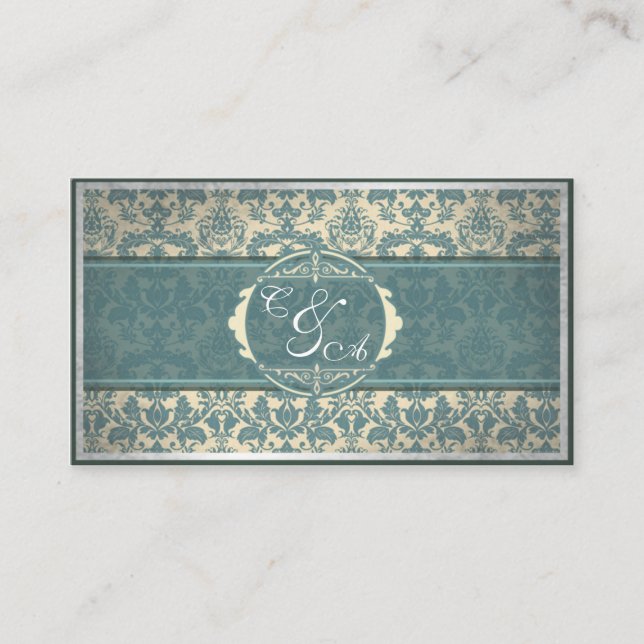 Vintage Blue Damask Hochzeit Platzkarte (Vorderseite)