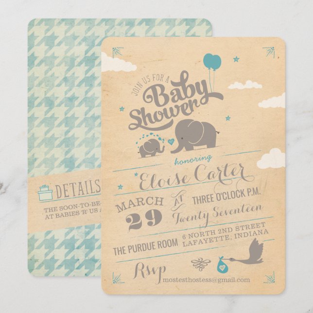 Vintage Blue Elephant Baby Shower Invitations (Devant / Derrière)