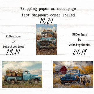 Vintage Blue Farm Trucks Decoupage Wrapping Paper  Geschenkpapier Set
