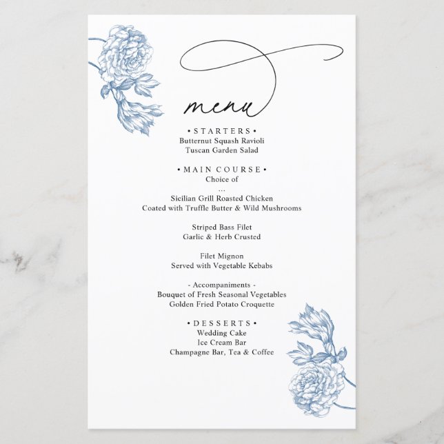Vintage Blue Floral Modern Script Wedding Menu (Vorderseite)
