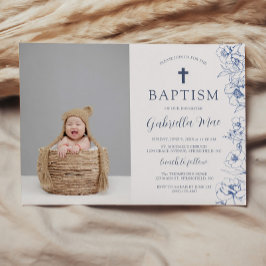 Vintage Blue Flowers Baptism Photo Invitation Einladung