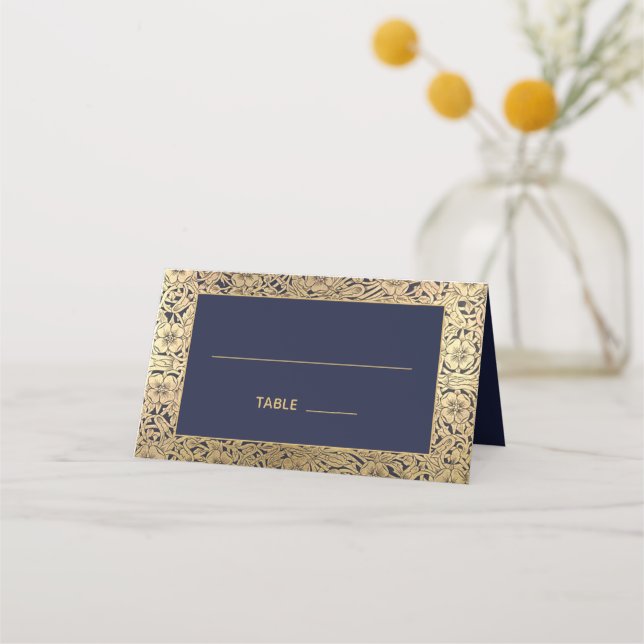 Vintage Blue Gold Wild Rose Hochzeit Platzkarte (Vorderseite)