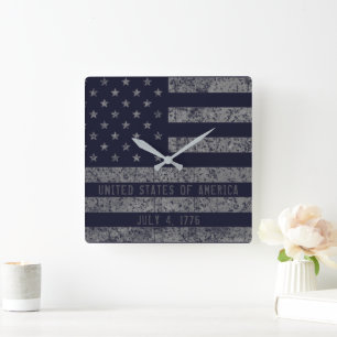 Vintage Blue Grunge-Amerikanische Flagge Quadratische Wanduhr