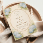 Vintage Blue Hydrangea Garden Wedding Save The Date<br><div class="desc">A timeless vintage wedding design featuring soft watercolor blue hydrangea blossoms framing an elegant scalloped label. Set on a warm parchment background with delicate botanical accents, the composition evokes classic European garden stationery. The gentle blue florals and antique-inspired typography create a refined and romantic aesthetic, perfect for elegant garden ceremonies,...</div>