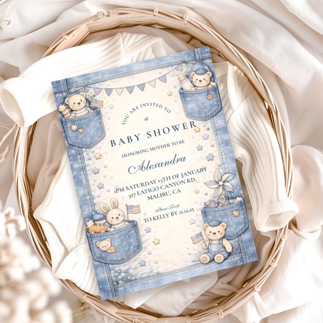 Vintage Blue Jeans Pocket Friends Baby Shower Einladung (Von Creator hochgeladen)