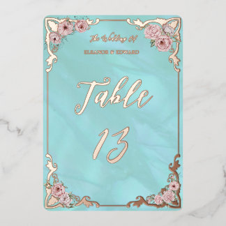 Vintage Blue Peony Foil Tischnummer Card