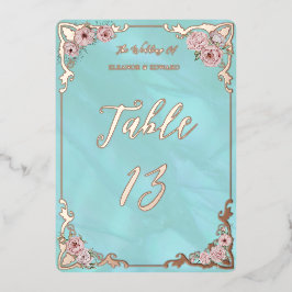 Vintage Blue Peony Foil Tischnummer Card