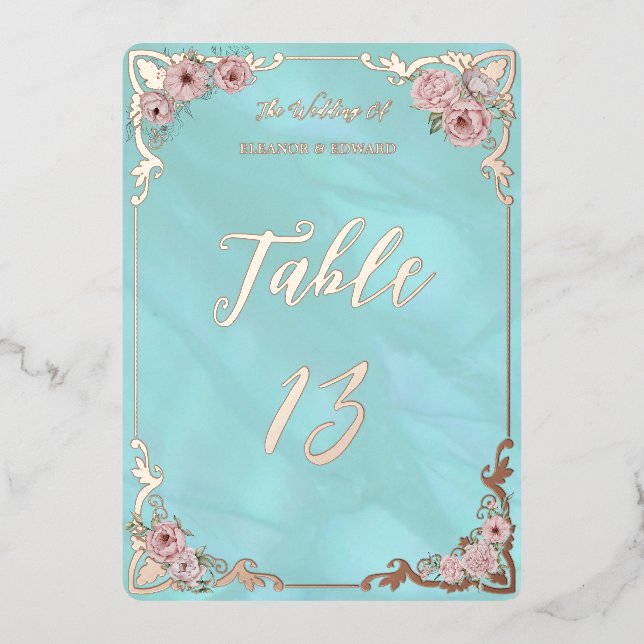 Vintage Blue Peony Foil Tischnummer Card (Vorderseite)