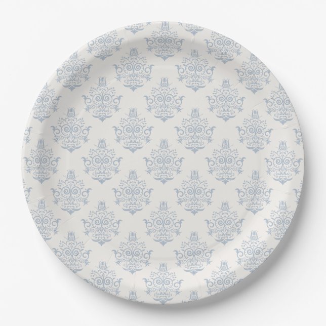 Vintage Blue Regency Damask Bridal Shower Pappteller (Vorderseite)