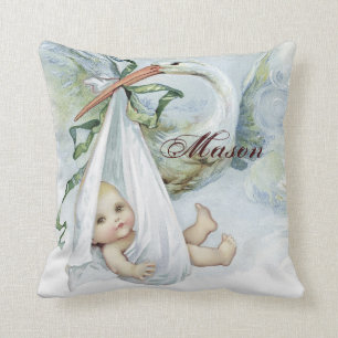 Vintage Blue Stork Baby Boy Nursery Coussins