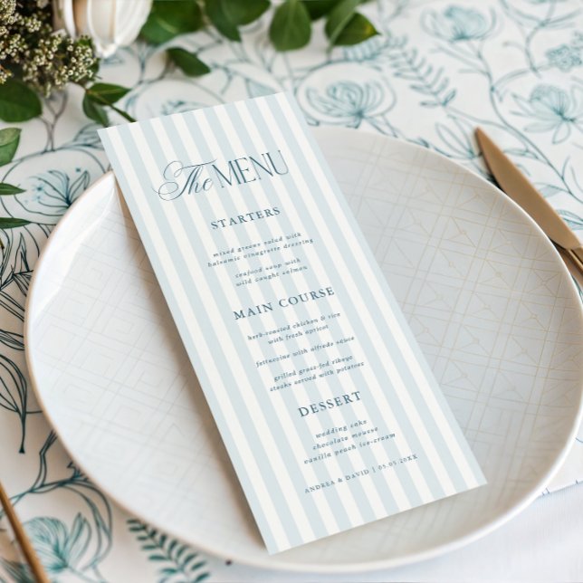 Vintage Blue Stripes Timeless Luxe Script Wedding Menükarte (Von Creator hochgeladen)