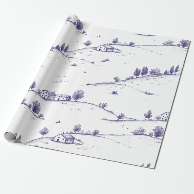 Vintage Blue Toile Landscape (1) Geschenkpapier (Ungerollt)