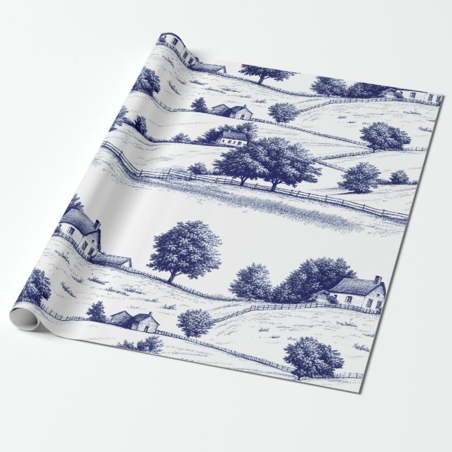 Vintage Blue Toile Landscape (3) Geschenkpapier (Ungerollt)