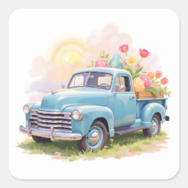Vintage Blue Truck with Easter Eggs & Tulips Quadratischer Aufkleber