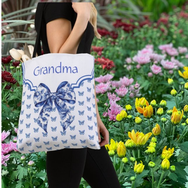 Vintage Blue White Butterfly Bow Personalized Tasche (Lovely personalized tote bag)