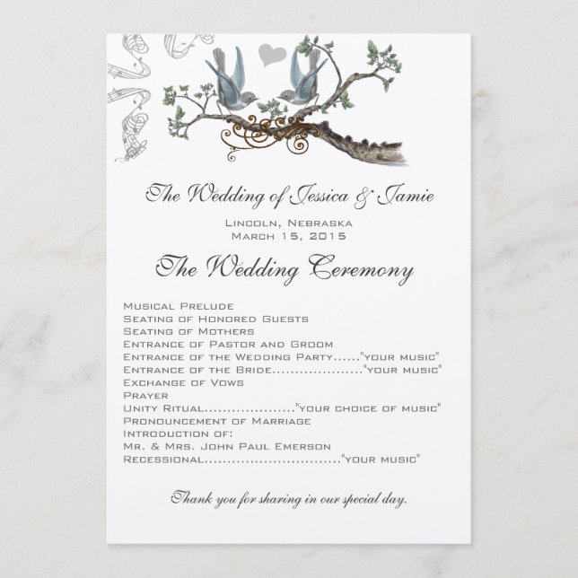 Vintage Bluebird-Hochzeitsprogramme Programm (Vorderseite)