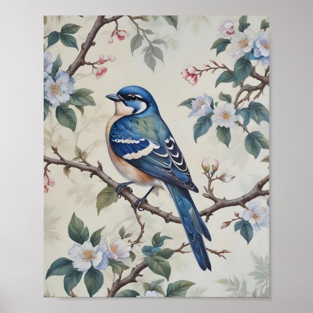 Vintage Bluebird- und Blütenmauer Kunst Poster (Vorne)