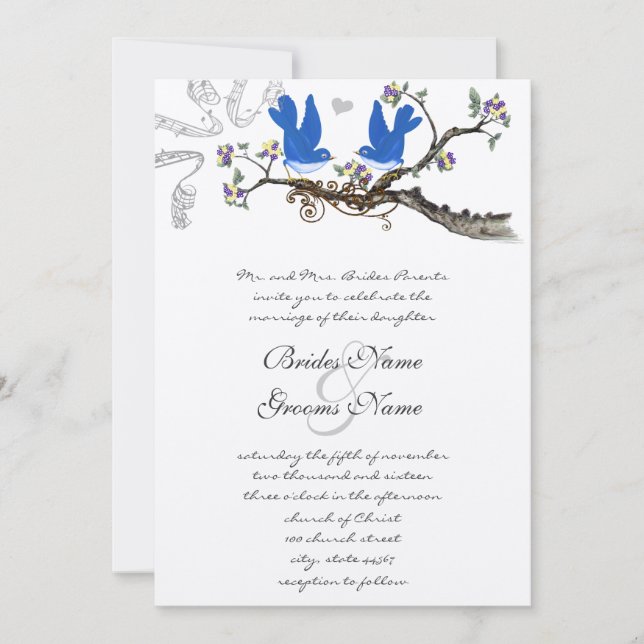 Vintage Bluebirds Gelb & Lila Hochzeit Einladung (Vorderseite)