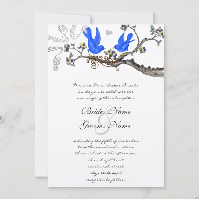 Vintage Bluebirds Gelb & Lila Hochzeit Einladung (Vorderseite)