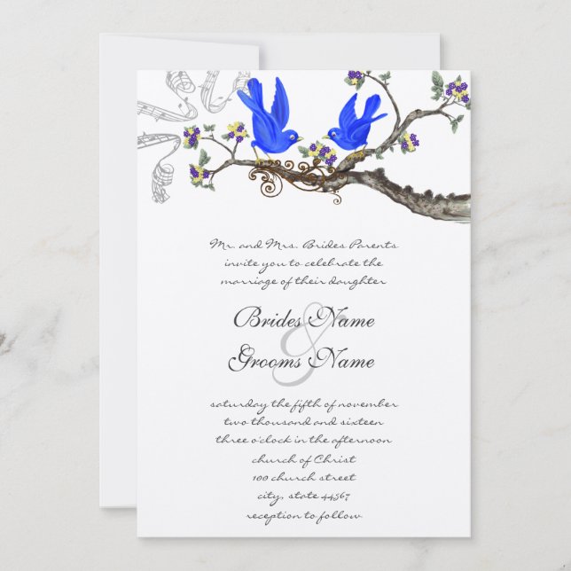 Vintage Bluebirds Gelb & Lila Hochzeit Einladung (Vorderseite)