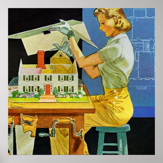 Vintage Blueprints der weiblichen Architektin Mini Poster (Vorne)