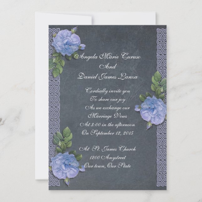 Vintage Blues Rose Tafel Hochzeit Einladung (Vorderseite)