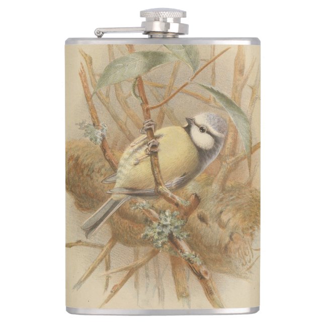Vintage Bluetit-Illustration Flachmann (Vorderseite)
