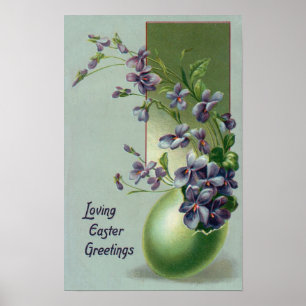 Vintage blühende violette Blumen in einem Osterei Poster
