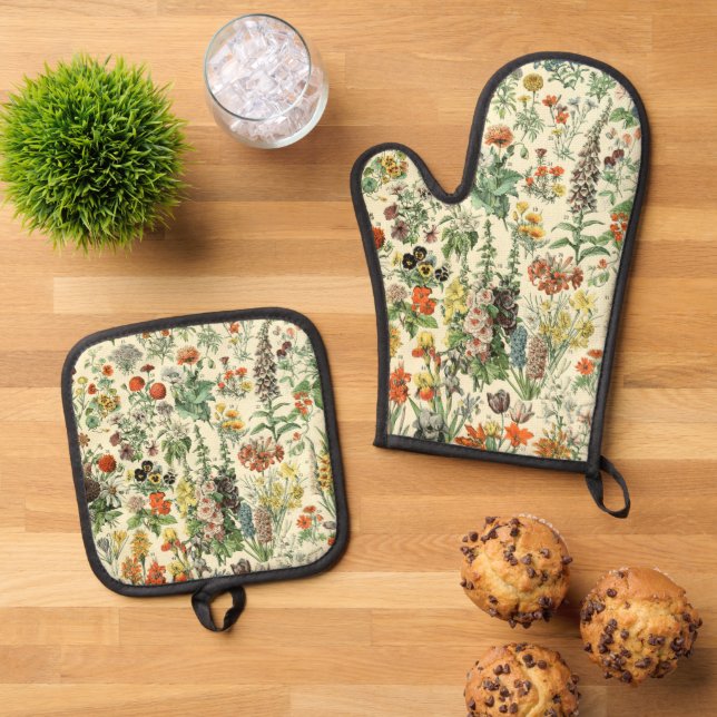 Vintage Blume Antike botanische Flora Ofenhandschuh & Topflappen-Set (Oben Unten)