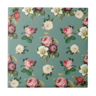 Vintage Blume auf Stone Blue, Retro Floral Print Fliese