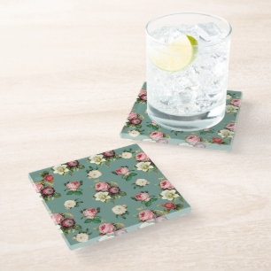 Vintage Blume auf Stone Blue, Retro Floral Print Glasuntersetzer