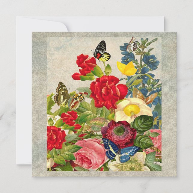 Vintage Blume Bouquet mit Schmetterlingen Einladung (Vorderseite)