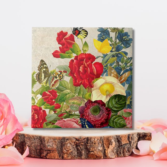 Vintage Blume Bouquet mit Schmetterlingen Fliese (Vintage Flower Bouquet with Butterflies Ceramic Tile)