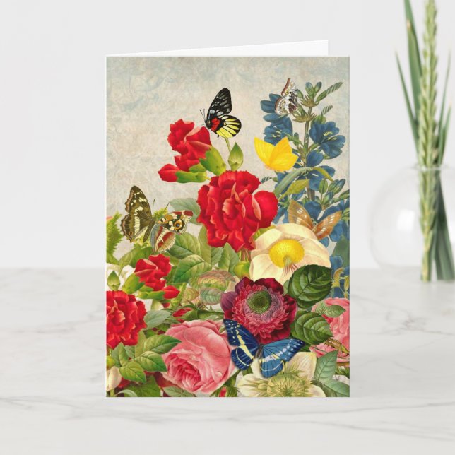 Vintage Blume Bouquet mit Schmetterlingen Karte (Vorderseite)