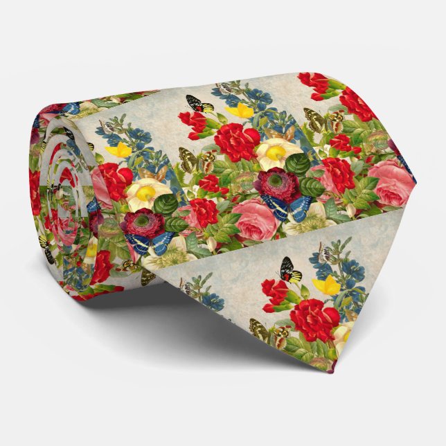 Vintage Blume Bouquet mit Schmetterlingen Krawatte (Gerollt)
