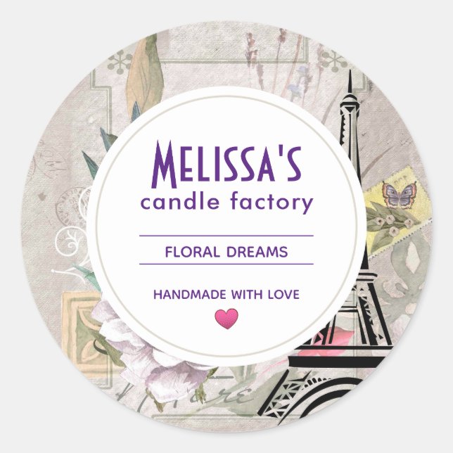 Vintage Blume Collage & Eiffelturm Kerze Seife Runder Aufkleber (Vorderseite)