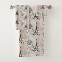 Vintage Blume Collage & Eiffelturm-Muster Badhandtuch Set