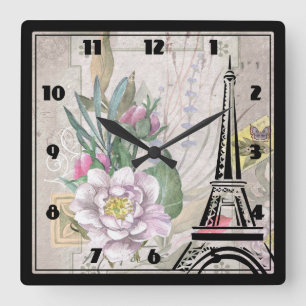 Vintage Blume Collage und Eiffelturm Zeichnend Quadratische Wanduhr