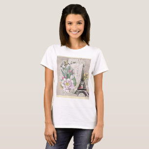 Vintage Blume Collage und Eiffelturm Zeichnend T-Shirt