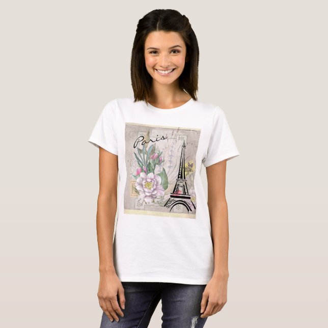 Vintage Blume Collage und Eiffelturm Zeichnend T-Shirt (Vorne ganz)