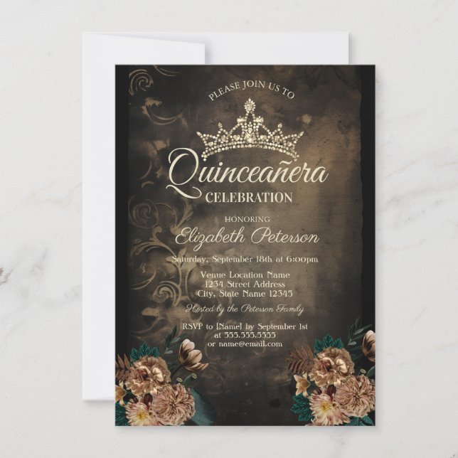 Vintage Blume Damask Dark Gothic Quinceañera Einladung (Vorderseite)