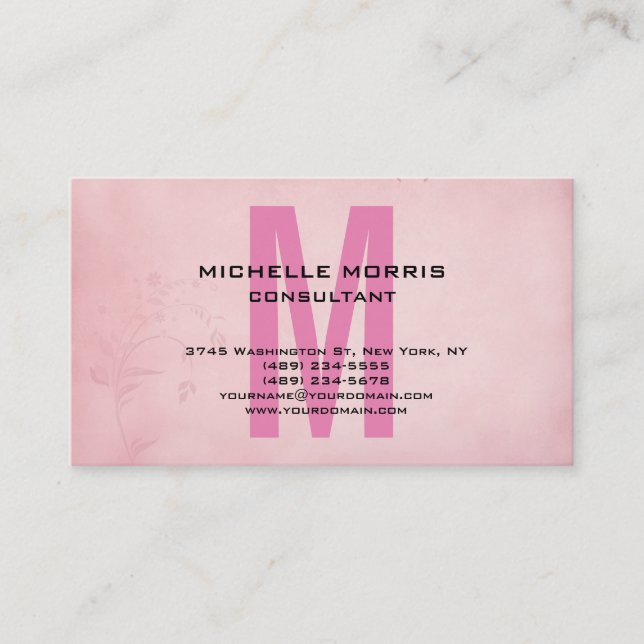 Vintage Blume Einzigartiges rosafarbenes Monogramm Visitenkarte (Vorderseite)
