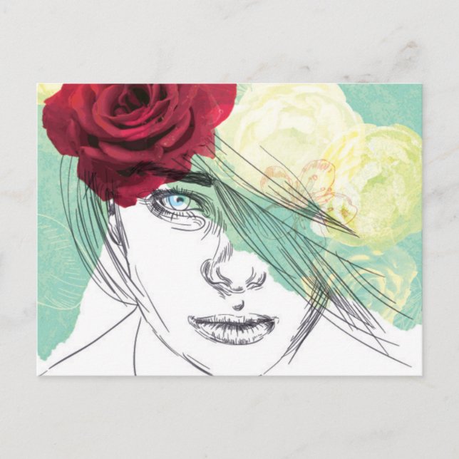 Vintage Blume Girl Illustration Postkarte (Vorderseite)
