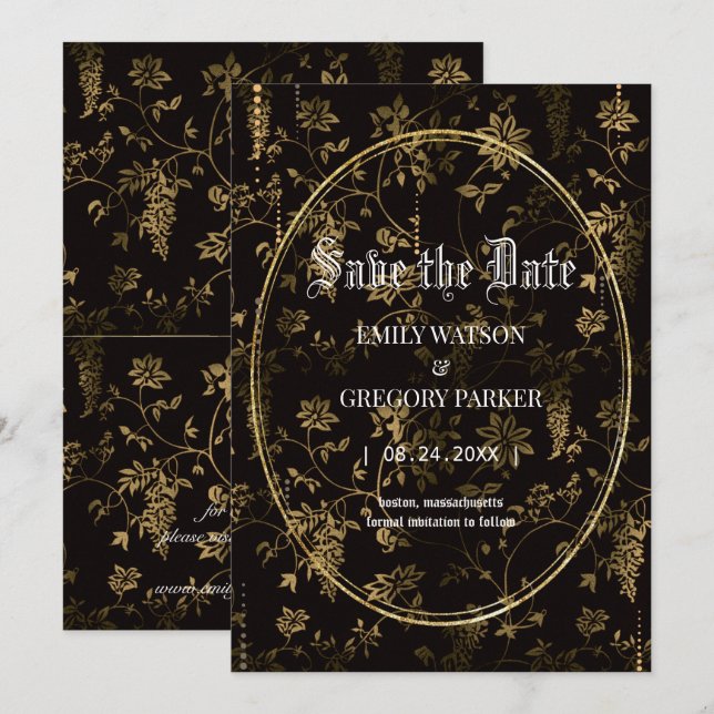 Vintage Blume, Goldrahmen Save the Date (Vorne/Hinten)