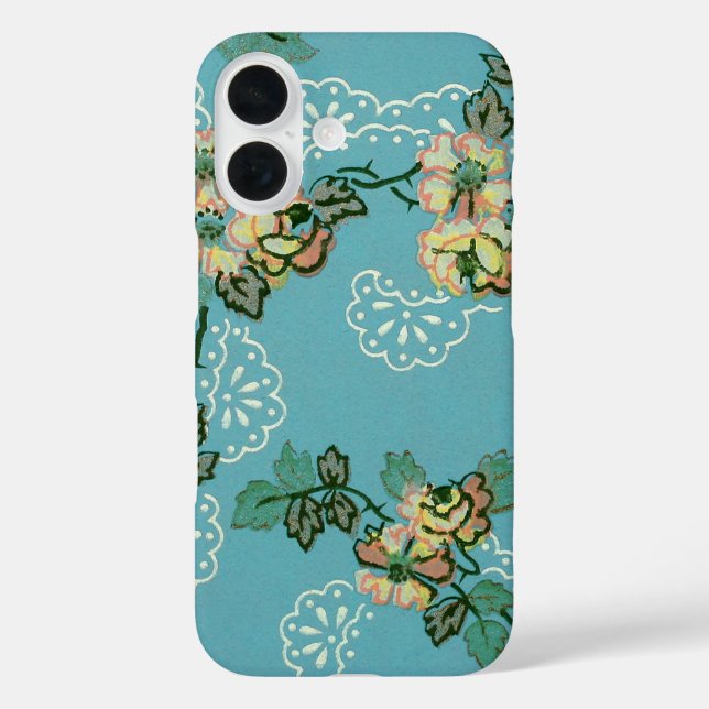 Vintage Blume Hintergrund Aquamarin Blumenmuster iPhone 16 Hülle (Rückseite)